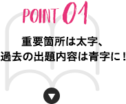 POINT 01 重要箇所は太字、過去の出題内容は青字に！